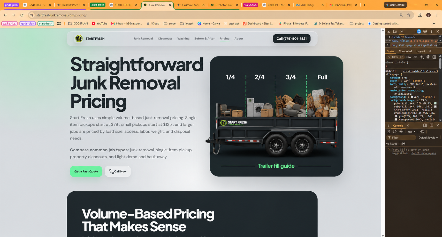 Start Fresh junk removal trailer fill guide divided into quarter, half, three-quarter, and full load sizes